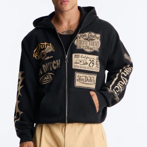 Von Dutch Embroidery Patches Oversized Zip Hoodie - Black Wash