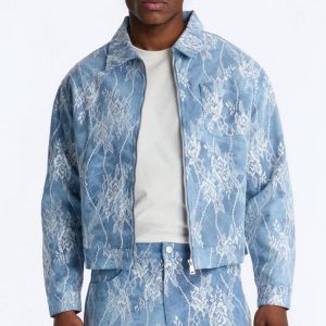 Lace Overlay Zip Denim Jacket - Medium Blue Wash