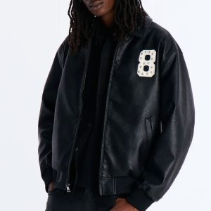 Crimson Blessed Faux Leather Studded Bomber Jacket - Black