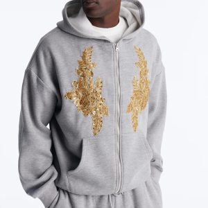 Oversized Rogue Sequin Applique Zip Up Hoodie - Grey