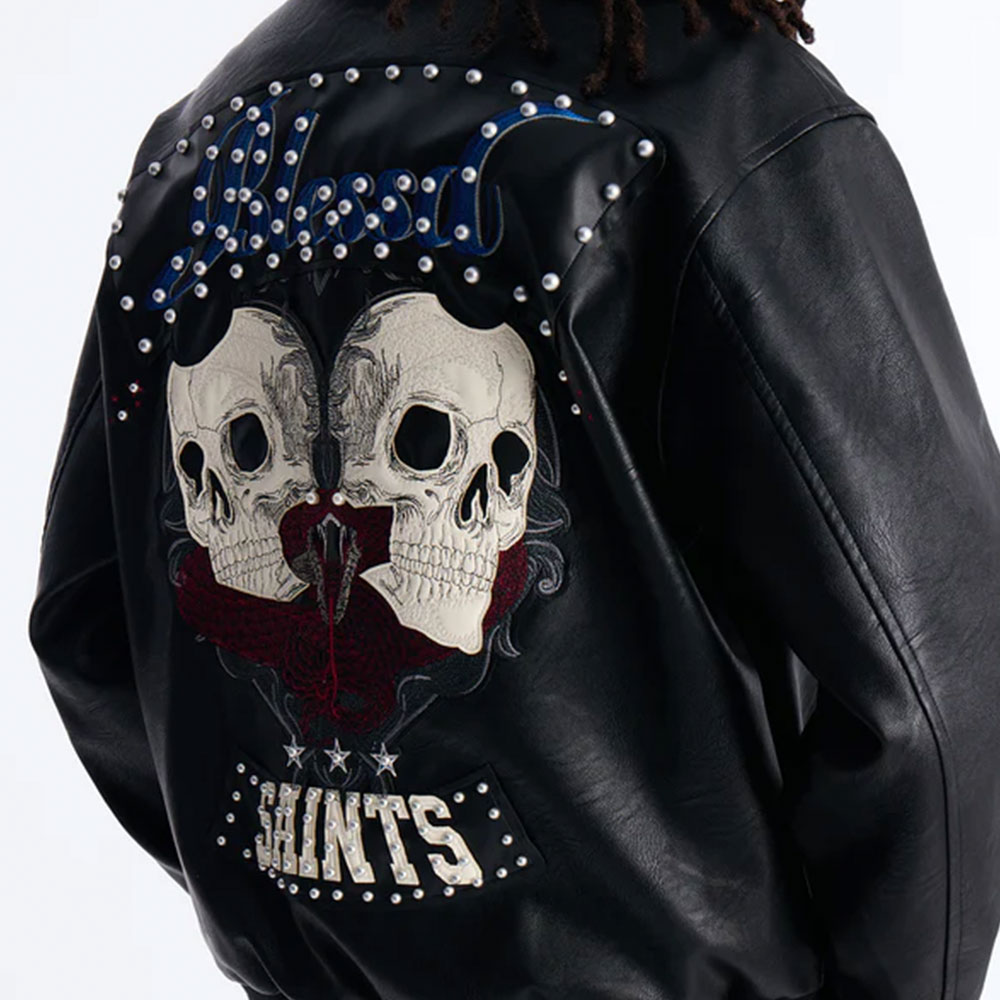 Crimson Blessed Faux Leather Studded Bomber Jacket - Black - Image 2