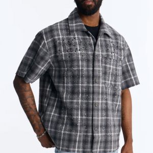 Jeweled Plaid Raw Hem Button Up Shirt - Black