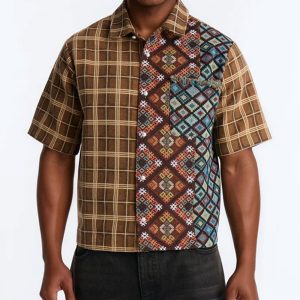 Trippy Mixed Media Button Up Shirt - Brown