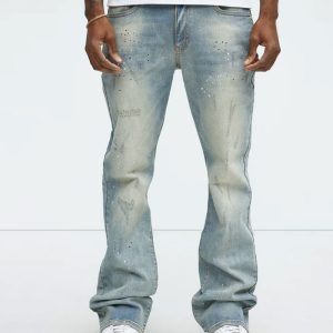 Ripped And Bleach Splatter Stacked Slim Flare Jeans - Light Blue Wash
