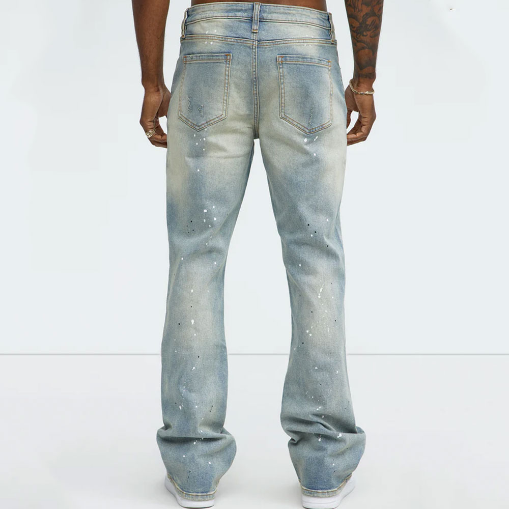 Ripped And Bleach Splatter Stacked Slim Flare Jeans - Light Blue Wash - Image 2