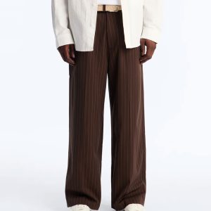 Wide Leg Straight Striped Trouser - Brown